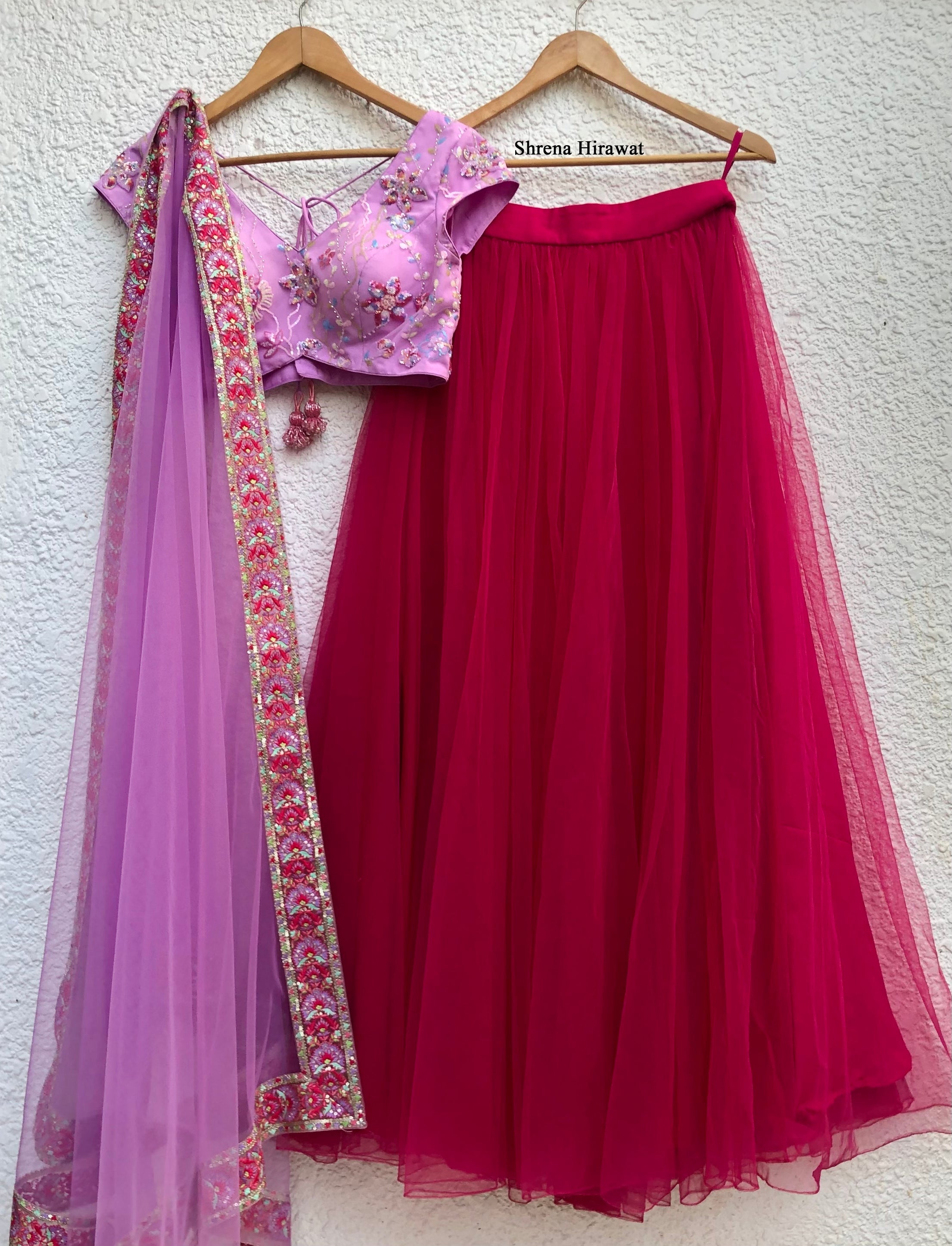 Purple Multi Sequins Blouse with Pink Net Skirt and Purple Dupatta WaliaJones