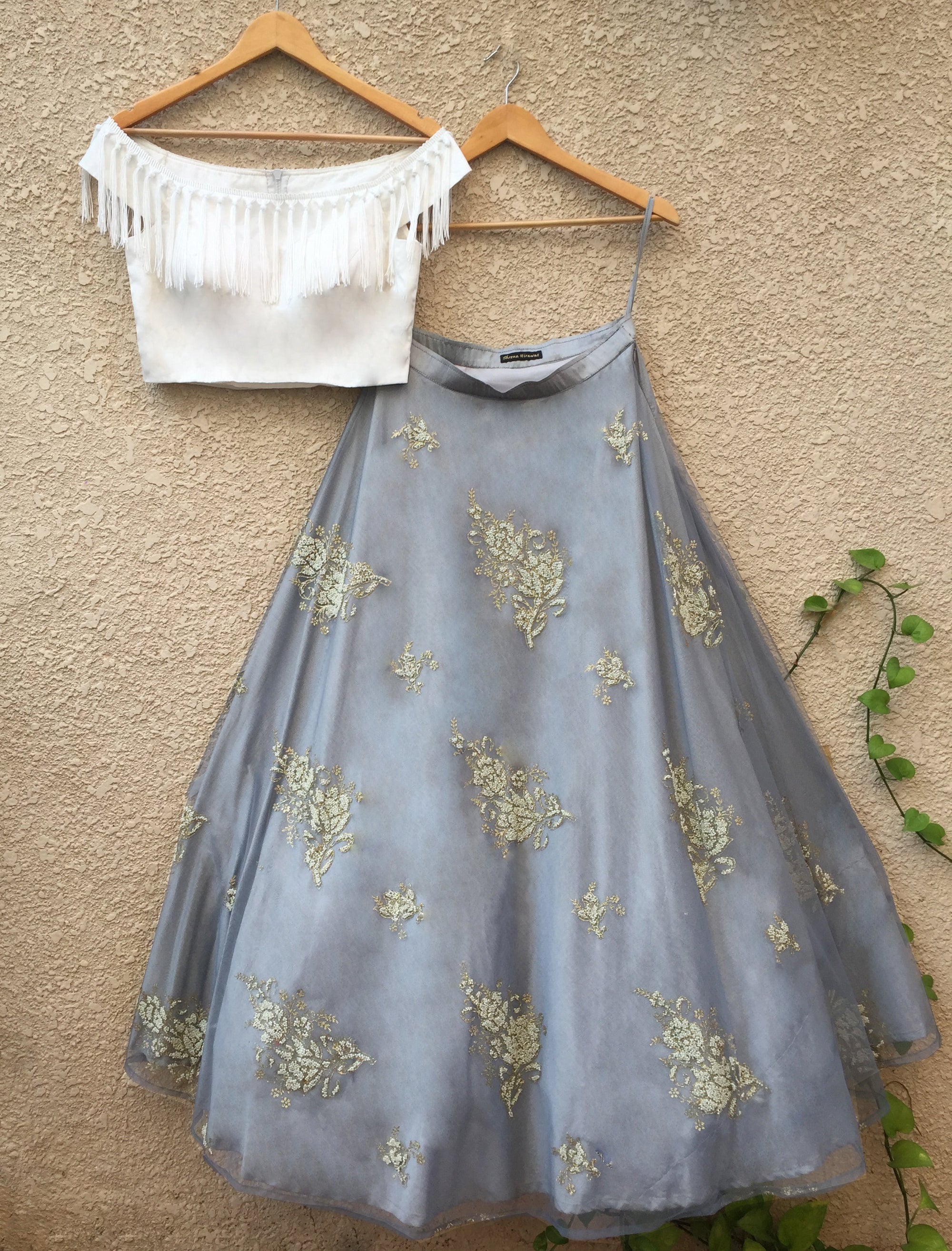 White Off-Shoulder Blouse Grey Net Lehenga – WaliaJones